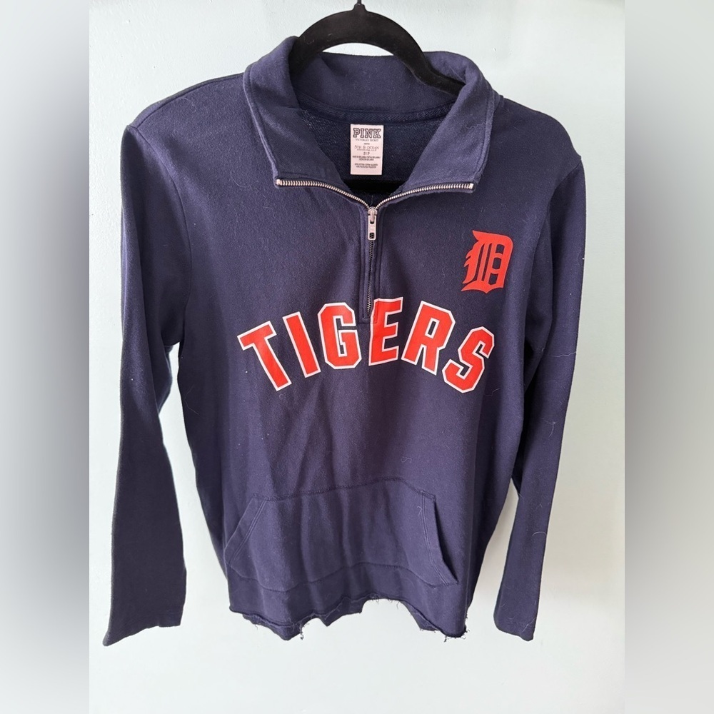 PINK Detroit Tigers Baseball 1/4 Zip Pullover Sweater Women's Small Blue